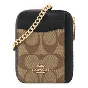 Coach Zip Card Case In Blocked Signature Canvas in Khaki/ Brown Multi C1885